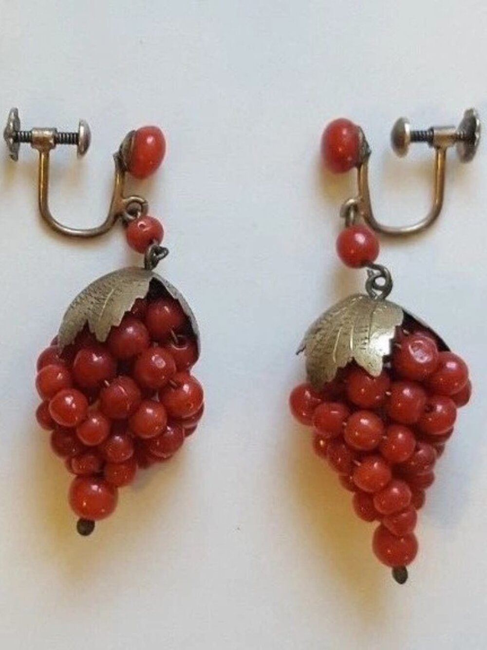 Antique Coral Earrings and Brooch, Gold-Plated Sterling Silver Jewelry Suit